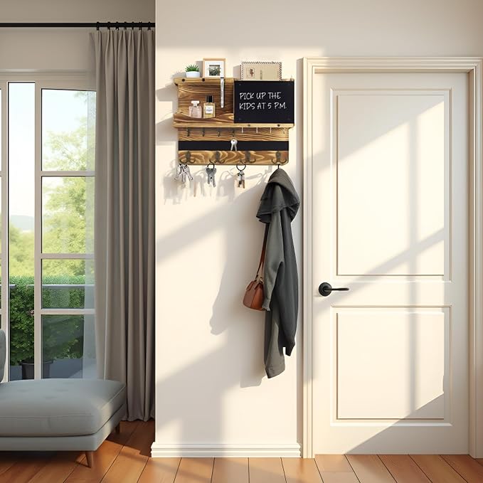 Key Holder for Wall Mount with Shelf and Mail Organizer, Key and Mail Holder with 16 Hooks, Farmhouse Entryway Organizer, Home Decor Rack(Pine Wood, Wood Color) - Image 4
