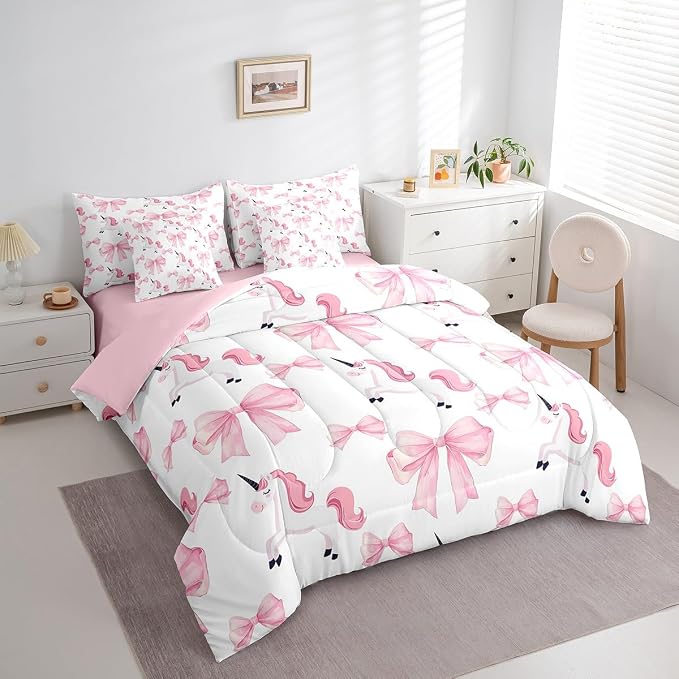 Erosebridal 7 Piece Girls Bowknot Kids Comforter Set Twin Bed in a Bag,Cute Pink Unicorn Bedding Set for Kids Child,Dreamy Princess Style Quilt Comforter,Girly Horse Bow Tie Valentine Duvet Insert - Image 3