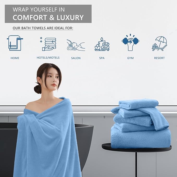 Extra Large Bath Sheet 4 Piece (35"x70")-Ultra Soft Oversized Bath Towel,Bath Sheet Towel for Bathroom Hotel,Plush Highly Absorbent Quick Dry Shower Towel Set for Adults,Bathroom Towel Set Blue - Image 5