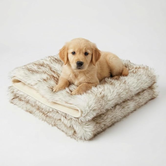 Faux Fur Dog Blanket, Waterproof Couch Cover, White w/ Brown Tips 40"x30" | Plush Sheepskin Style Pet Throw for Sofa, Bed, and Car, Washable Furniture Cover that Protects From Fur and Spills - Image 3