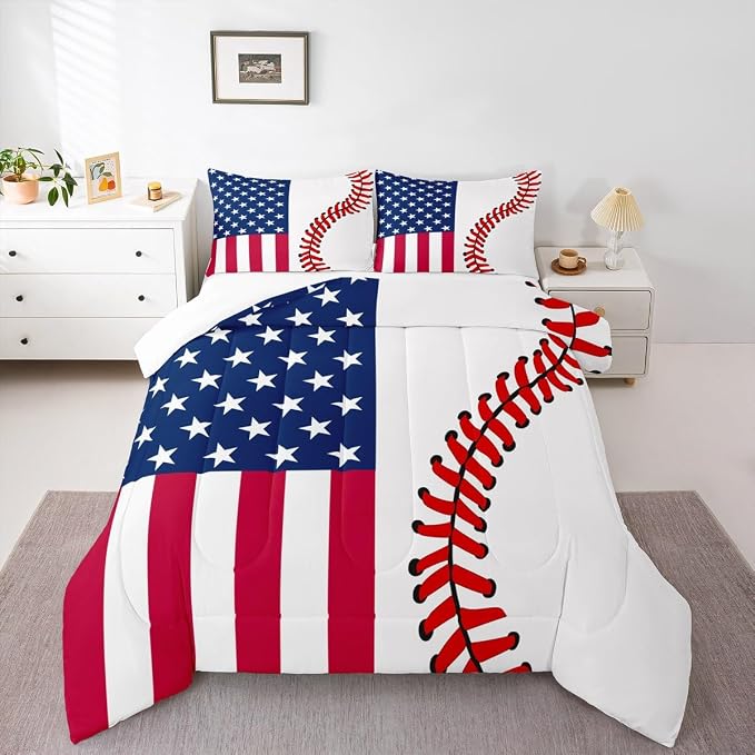 American Flag Comforter Set Queen Size,Abstract Baseball Bedding Set 3pcs for Kids Teens Boys Man Adult Room Decor,Ball Sports Games Fashion Quilt,Red & White Simple Duvet Insert with 2 Pillowcases - Image 5