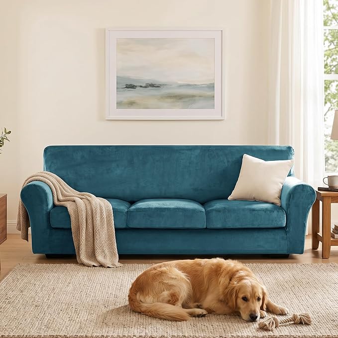 XINEAGE 4-Piece Velvet Oversize Sofa Cover,Couch Cover for Dog,Peacock Blue | 3 Cushion Large Sofa,Stretch Non-slip Elastic, Pet-friendly, Washable, Fast Setup, Soft Plush Fabric, Furniture Protector. - Image 4