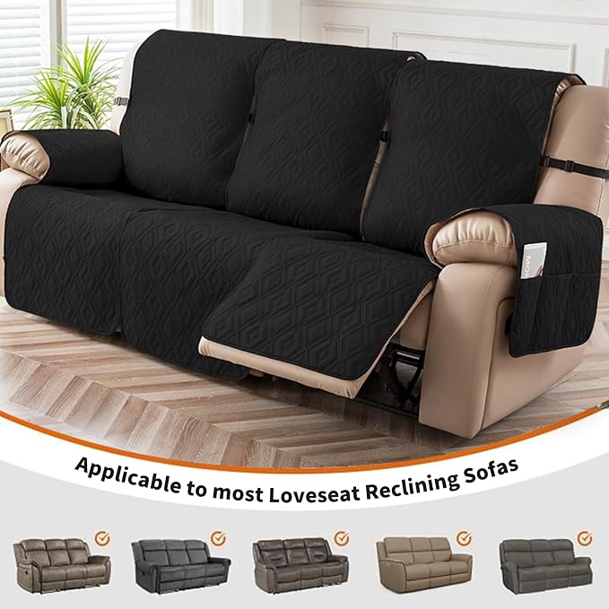 Genina Waterproof Couch Cover for Reclining Sofa - Non-Slip, Washable, 3 Seater Couch Protector for Dogs, Pets, Kids (Black, Recliner Sofa) - Image 4