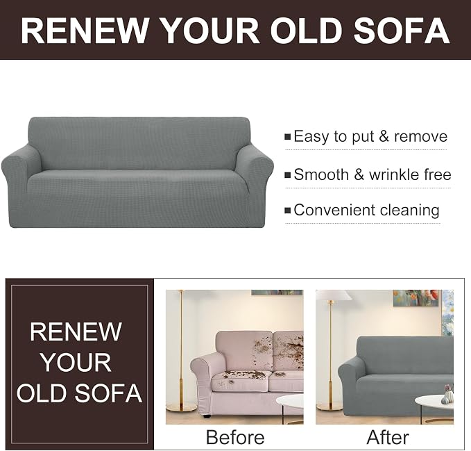 U-NICE HOME Oversized Stretch Couch Cover Slipcover, Grey | 3 Cushion Sofa, 1-Piece Sofa cover, Washable, Pet friendly, Furniture protector, Polyester Spandex Jacquard fabric - Image 5