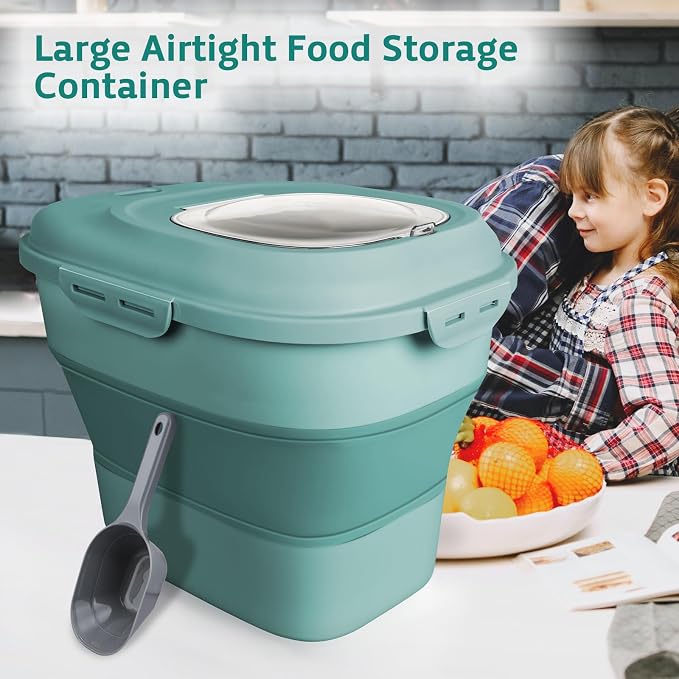 Komzon Rice Storage Bin Cereal Containers, 13-50lb Collapsible Rice Container Dispenser with Transparent Lid, Rolling Wheels, Measuring Cup and Scoop, Airtight Dog Cat Pet Food Storage Container Green - Image 6