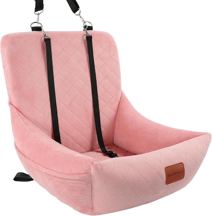 WOOAIDAGG Dog Car Seat for Small Dogs Up to 25lbs,Soft Washable Fabric Fill in Memory Foam,Easy to Assemble with 2 Clip-On Safety Leashes and Storage Pockets,Front or Back Seat are Both OK (Pink) by WOOAIDAGG