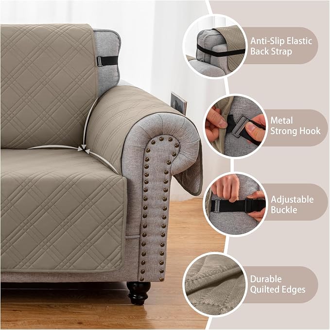 100% Waterproof Couch Cover for Dogs, Washable Anti-Slip Sofa Cover with Elastic Straps & Side Pockets, Quilted Furniture Protector for Kids & Pets (3 Cushion 68", Camel) - Image 5