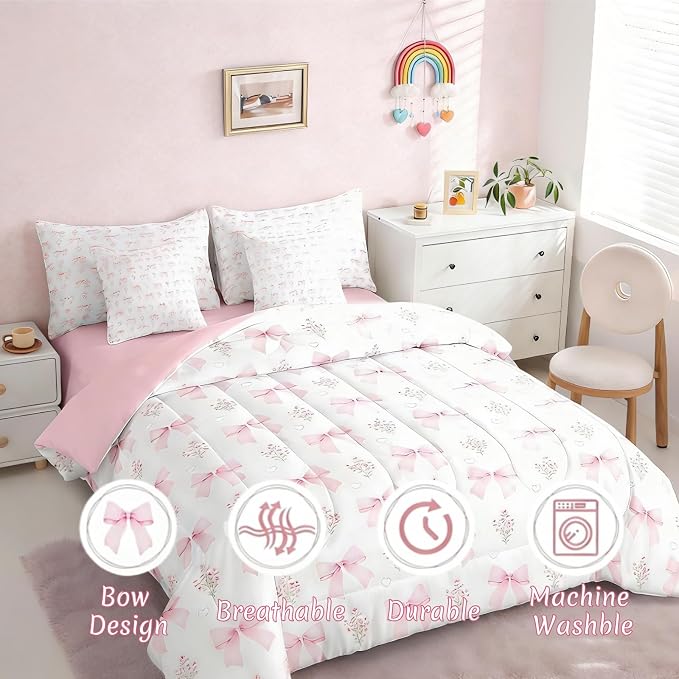 Erosebridal Girls Pink Bow Comforter Set Full Bed in a Bag for Kids,Girly Pink Floral Bowknot Coquette 7 Piece Bedding Sets Cute Bow Ribbon Heart Bed Set Dreamy Princess Sheet Set with Comforter - Image 2