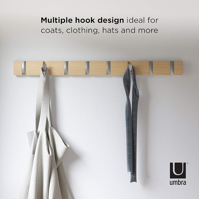 Umbra Flip Coat Rack, Wall Mount 8-Hook, Space Saving, Natural/Nickel | Real wood and steel build, retractable hooks fold flat, holds coats bags and scarves, easy install - Image 7