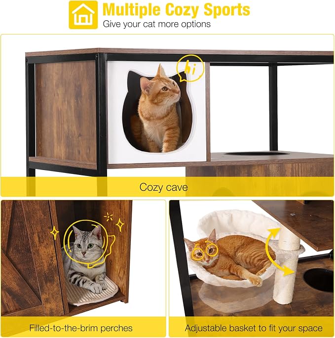 Aivituvin Cat Litter Box Enclosure, Litter Box Furniture Hidden, Wooden Cat Washroom Furniture, Indoor Cats House with Condo, Hammock, Scratching Mat and Storage Shelves - Image 3
