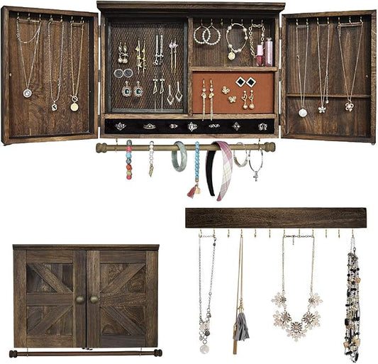 GLANT Rustic Wall Mounted Jewelry Organizer with Wooden Barndoor Decor,Wooden Wall Mount Holder,Jewelry holder for Necklaces, Earings, Bracelets, Ring Holder. Includes matching hook organizer (Rustic) by GLANT