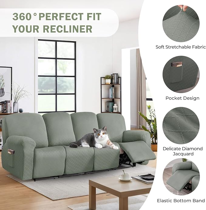 vctops Diamond Recliner Sofa Covers 10-Pieces Stretch Large RV Couch Covers for 4 Seats Reclining Slipcovers Soft Solid Furniture Protector (Greyish Green,4 Seat) - Image 4