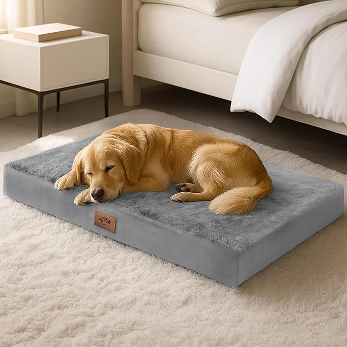 Sytopia Soft Plush Dog Bed, 42" XL Orthopedic Dog Bed for Extra Large Dogs (90 lbs), Durable Waterproof Pet Bed, Heavy Duty Dog Crate Pad, Washable Removable Cover, Anti-Slip Bottom, Light Gray by Sytopia