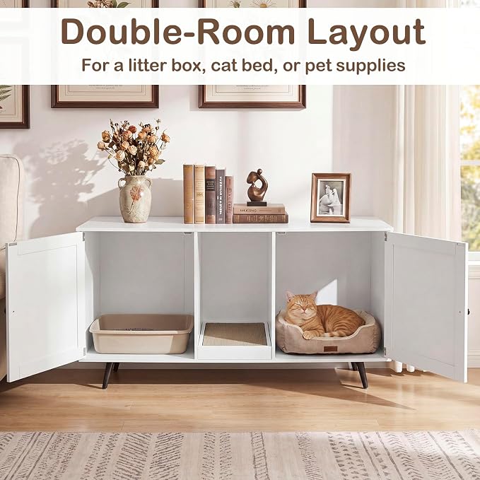 Tangkula Double Cat Litter Box Enclosure, Large Hidden Wooden Cat Cabinet for 2 Cats with Scratching Pad, Double Rooms, Versatile TV Stand Side Table for Indoor Living Room (White) - Image 2