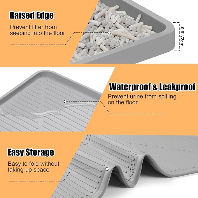 Silicone Cat Litter Mat 45" x 30" Cat Mat for Litter Box, Light Grey | Extra Large Cat Litter Trapping Mat for Floor, Waterproof, Non-Slip Kitty Litter Box Mat with Raised Edge, Easy to Clean - Image 6