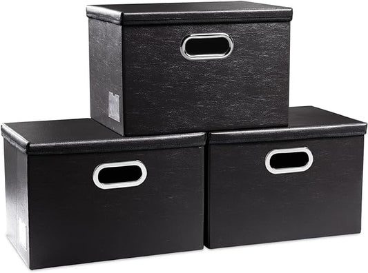 PRANDOM Collapsible Storage Bins with Lids [3-Pack] Leather Fabric Foldable Storage Boxes Organizer Containers Baskets Cube with Cover for Bedroom Closet Office Nursery Black (14.9x10.8x10) by Prandom