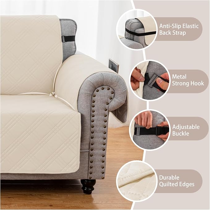 100% Waterproof Couch Cover for Dogs, Anti-Slip Washable Sofa Cover with Elastic Straps & Side Pockets, Durable Furniture Protector for Kids, Pets & Dogs (Armchair 23", Beige) - Image 5