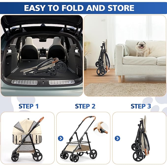 4 Wheels Pet Stroller for Small/Medium Dogs and Cats,Dog Stroller with Detachable Carrier and Storage Basket,One Click Folding, Compact Portable,Up to 50lbs,3 in1 Multifunctional(Grey)