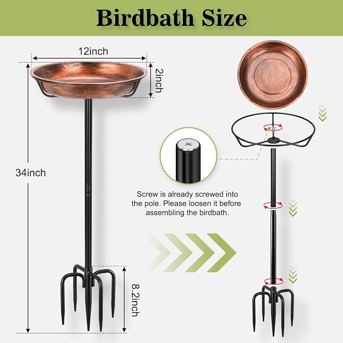 Gtongoko Metal Bird Bath for Outdoors, 34" Tall Bird Bath with 12" Removable Bowl, Heavy Duty 5-Prong Stable Base, Easy-to-Clean Heavy Duty Birdbath & Bird Feeder for Garden, Patio, Yard - Image 3