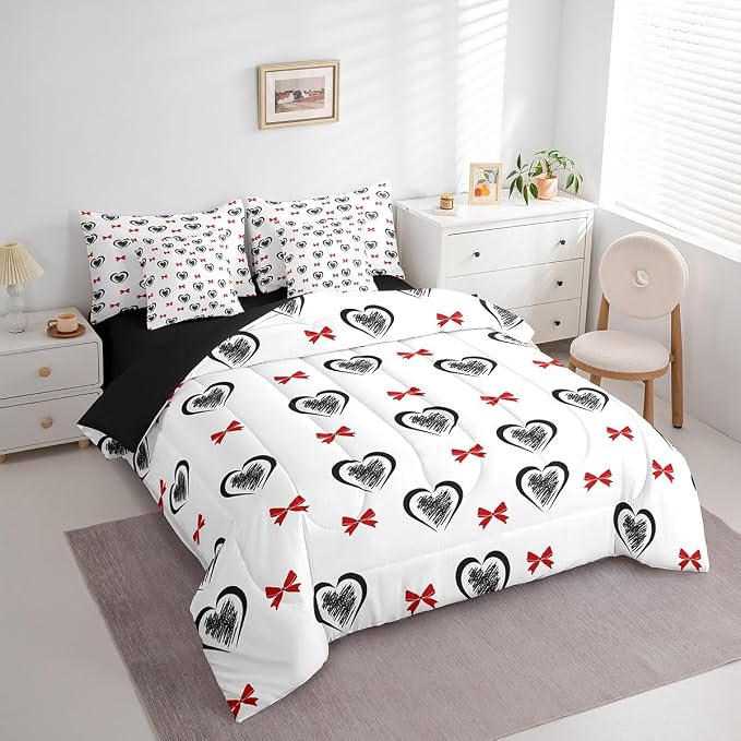 Erosebridal 7 Piece Heart Pattern Queen Bedding Set,Kawaii Red Bowknot Kids Comforter Set for Girls Boys,Valentine Day Love Heart Shaped Bed in a Bag,Geometric Bow Flat Fitted Sheet,Black Red - Image 3