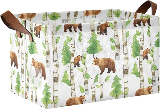 Watercolor Woodland Bear Forest Animal Baby Storage Basket with Labels&Handles Rectangular Waterproof Nursery Storage Bins Collapsible Shelf Organizer Baskets for Kids Books Cloth Gift Toys Laundry by Unknown