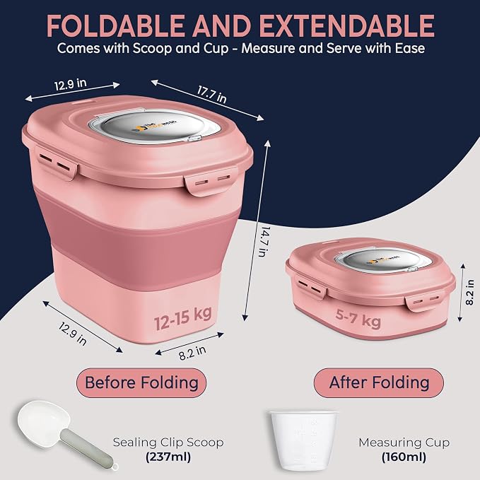 Dog Food Storage Container 30-35 lb, Airtight Collapsible Cute Dog Food Container with Wheels & Scoop, Stackable Pet Food Storage Container for Dog & Cat Food - Image 2