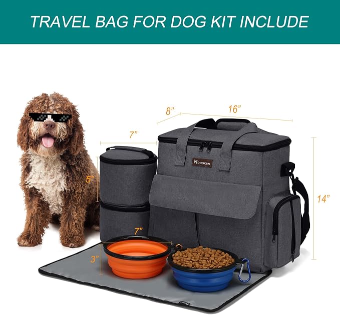 Modoker Weekend Dog Travel Bag with 2 Food Bags, 2 Bowls and Mat, Dark Gray | Dog Travel Accessories Organizer for Camping and Road Trips with Roomy Storage, Multiple Pockets and Water-Resistant Oxford - Image 4