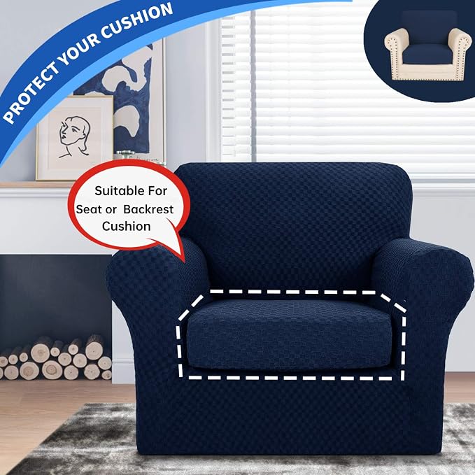 YEMYHOM Stretch Individual Cushion Covers Sofa Chair Seat Cushion Slipcovers Soft Couch Cover Replacement Large Checkered Furniture Protector with Elastic Bottom (1 Pc Cushion Cover, Navy) - Image 3