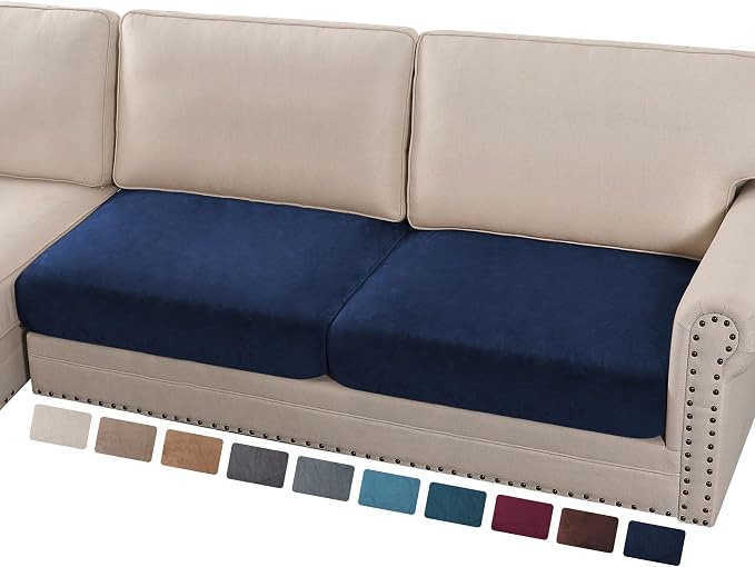 PrinceDeco Velvet Couch Cushion Cover Soft Stretch Cushion Slipcover for Chair Loveseat Sofa Cushion Furniture Protector Seat Cushion Sofa Cover Each Width Up to 40", Navy by PrinceDeco