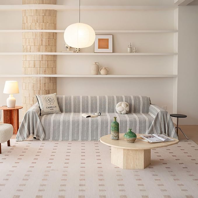 VClife Chenille Sofa Cover Bohemian Striped Pattern Couch Cover for 2 Cushion Sofa - Gray Creamy White Textured Sofa Slipcover Washable Furniture Protector for Couch Decorative Couch Cushion Cover by VCLIFE