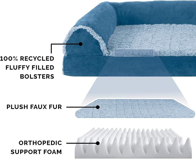 Furhaven Orthopedic Dog Bed for Large/Medium Dogs w/ Removable Bolsters & Washable Cover, For Dogs Up to 55 lbs - Two-Tone Plush Faux Fur & Suede L Shaped Chaise - Marine Blue, Large - Image 4