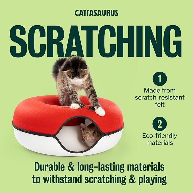 Cattasaurus Peekaboo Cat Cave, Extra Spacious for Multiple & Large Cats 12+ lbs, Scratch Detachable Cat Beds for Indoor Cats, Washable Tunnel Bed, Comfy Donut Tunnel (Ruby Snowball, Jumbo) - Image 5