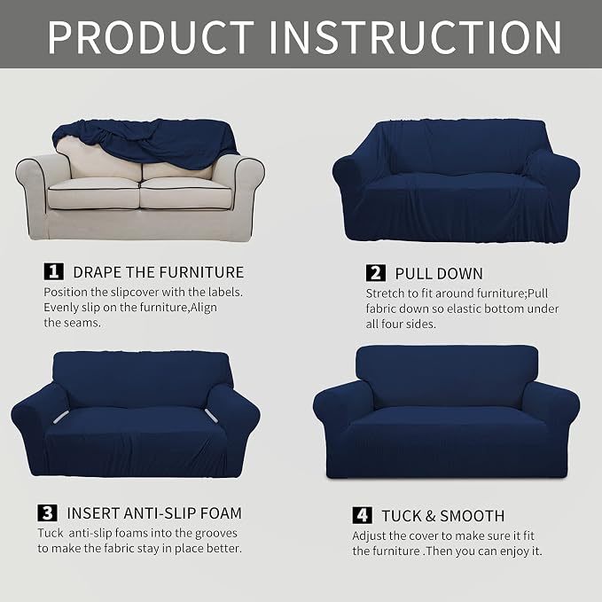 Easy-Going Stretch Loveseat Couch Covers Washable Navy | 1-Piece Loveseat Covers for 2 Cushion Couch Furniture Protector RV Sofa Slipcover Soft with Bottom for Kids Pets - Image 8