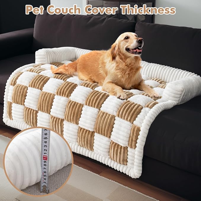 TOPCHANCES Dog Couch Covers, Thickened Quilted Plaid Funny Fuzzy Pet Couch Protector for Large Dogs - Washable, Non Slip - Light Brown, 30x30 inch - Image 3