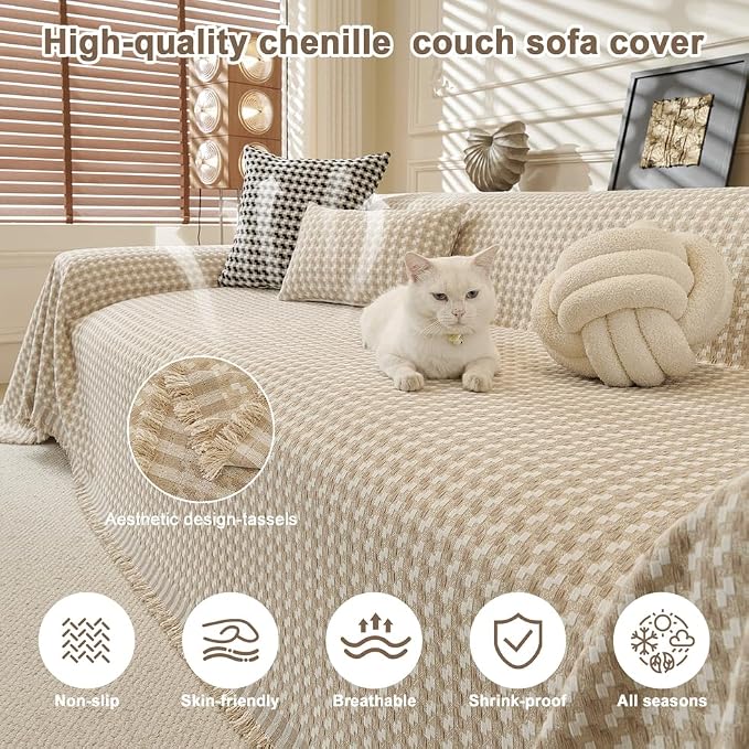 ROOMLIFE Thicked Checkered Boho Khaki Couch Cover for 2-3 Cushion Sofa, Chenille Sofa Slipcovers Sectional Sofas Covers for Dog, Non Slip Washable Furniture Protector Soft with Tassel 71''X150'' - Image 2