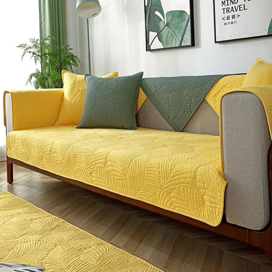 Solid Color Leaf Cotton Quilted Sofa Covers Anti-Slip Soft Sectional Couch Cover Washable Sofa Slipcover for Dogs Cats Pet (Yellow,28''x47'') by Huierxun