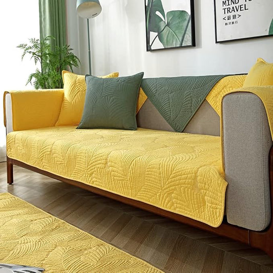 Solid Color Leaf Cotton Quilted Sofa Covers Anti-Slip Soft Sectional Couch Cover Washable Sofa Slipcover for Dogs Cats Pet (Yellow,28''x94'') by Huierxun