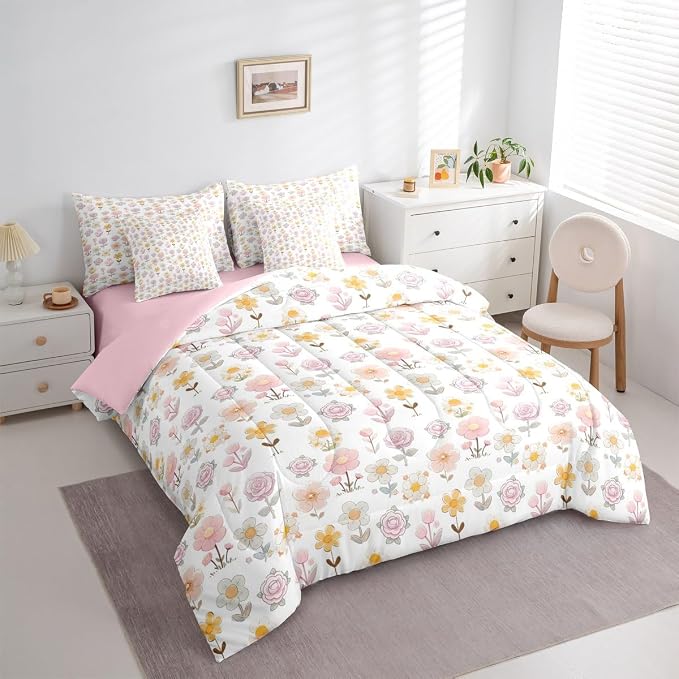 Feelyou Cute Flower 7 Piece Bedding Set Yellow Pink Floral Comforter Set with Sheets for Kids Boys Girls Romantic Blossom Bed in a Bag Cartoon Style Bed Set Soft Lightweight - Image 3