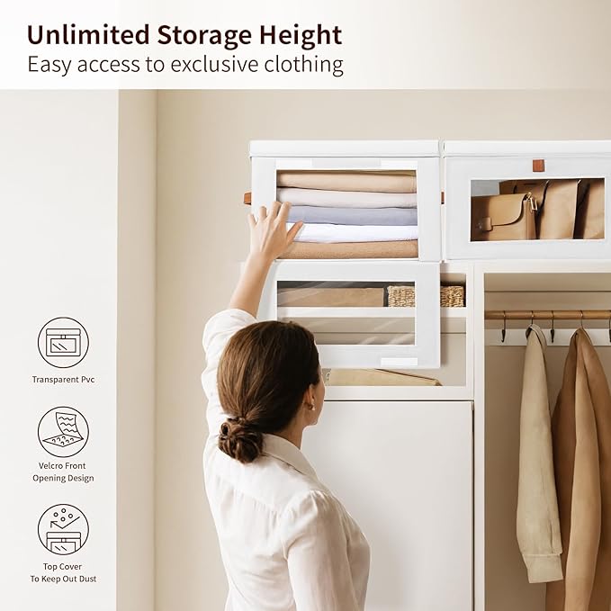 Homsorout Large Clothing Storage Bins - Collapsible Boxes with Handles & Window, Decorative Organizer Bins with Lids, Fabric Containers for Living Room, Dorm, 2 Pack, White - Image 2