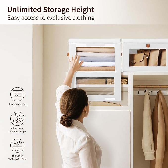 Homsorout Large Clothing Storage Bins - Collapsible Boxes with Handles & Window, Decorative Organizer Bins with Lids, Fabric Containers for Living Room, Dorm, 4 Pack, White - Image 2