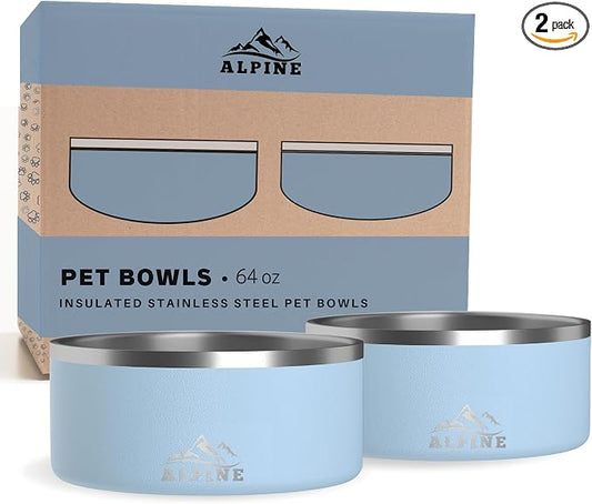 ALPINE Set of 2 Stainless Steel Dog Bowls, Non Slip, Metal Pet Bowl for Food and Water, Double Walled Insulated, Rustproof, Dishwasher Safe (64 oz, Sky Blue) by Unknown