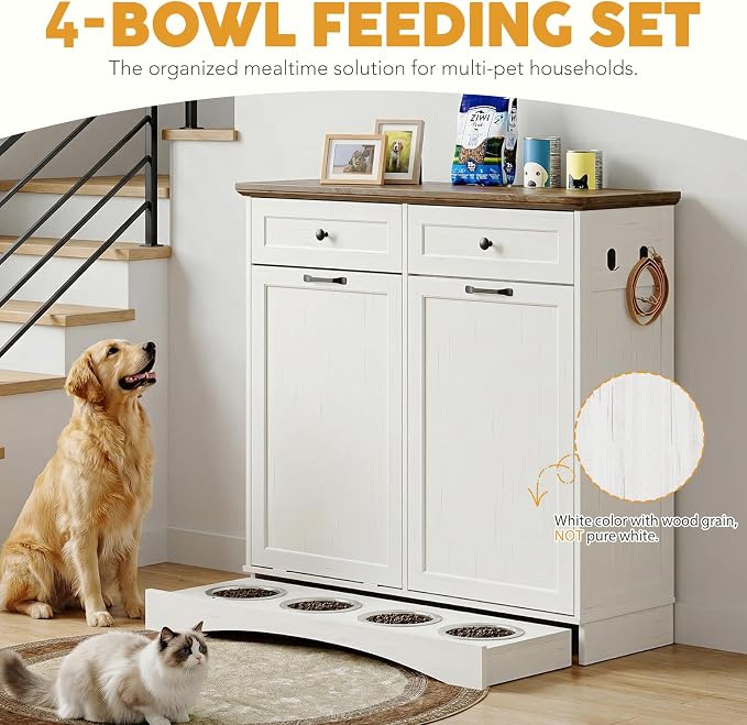 39.7’’W Dog Feeding Station, Tilt-Out Dog Food Cabinet for Multi-Pets, Pet Feeder Station with 4 Feeding Bowls, Dog & Cat Storage Organizer with Hanging Rod, (White, Dual Doors) - Image 5