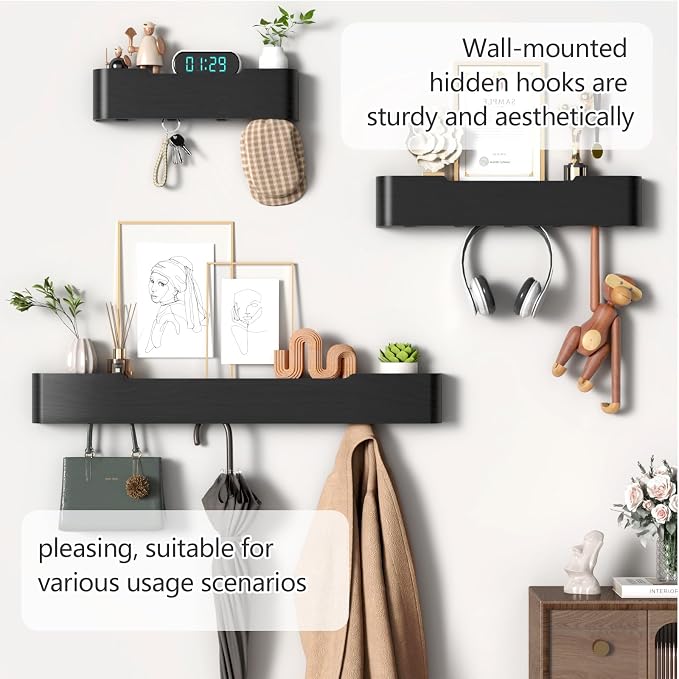 Coat Rack Wall Mount with Shelf 5 Hidden Hooks Modern Wooden Key Holder Entryway Organizer for Hallway Bedroom Bathroom Home Decor Storage for Hanging Coats Hats Bags Towels, Black - Image 7