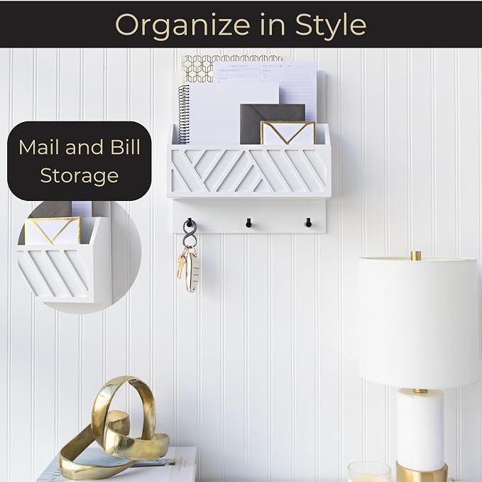 BLU MONACO | Wall Mount Key Holder with Mail Organizer | Wooden Command Center with 3 Hooks and 2-Tier Letter Pockets | Entryway Mail Sorter & Key Rack | White Geometric Wall Organizer for Office Home - Image 2