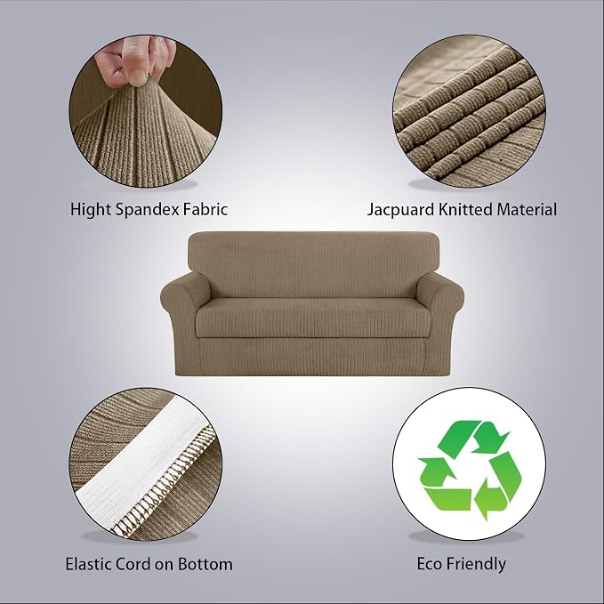 Sofa Cover Stretching Skid Resistance Couch Cover for Pets Washable, Thick and Durable Soft High Spandex Striped Pattern Sofa Covers, Form Fitted Sofa Slipcover(Sofa, Khaki) - Image 2