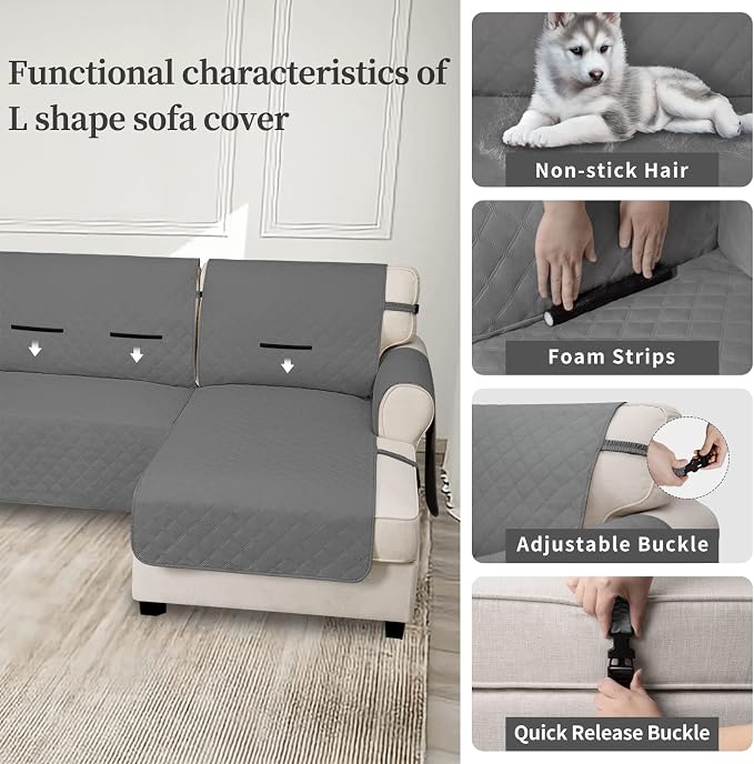Easy-Going Waterproof Sectional Couch Covers with Chaise 2-Piece Non Slip L Shape Sofa Cover for Dogs Leakproof Furniture Protector Cover with Adjustable Strap for Pets (X-Large, Gray) - Image 3