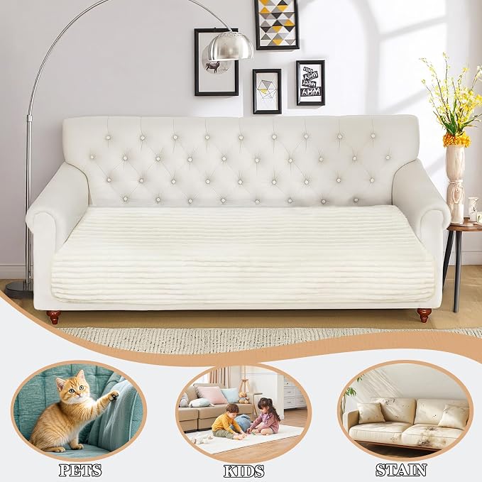 NAISI Couch Covers for Dogs Waterproof Flannel Striped Sofa Cover Pet Friendly Washable Dog Mat for Couch Anti Slip Sectional Sofa Slipcover Protector(1pc/35"x 94",Cream) - Image 2
