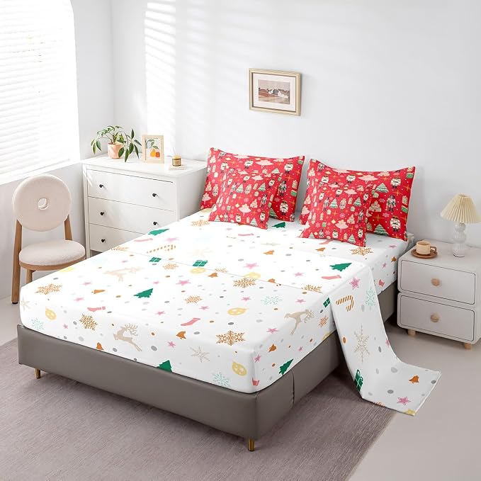 Erosebridal 7Pcs Red Christmas Comforter Set Queen Size,Christmas Nutcracker Bedding Set,Girly Dreamy Princess Bed in A Bag,Xmas Pine Tree Snowflake Quilt with Flat Fitted Sheet,Red - Image 5