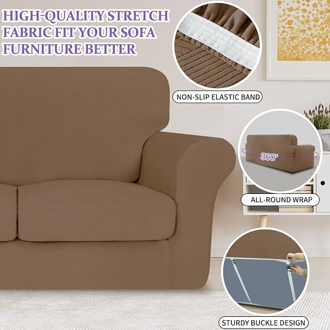 ZNSAYOTX 3 Piece Stretch Sofa Covers (71"-91") for 2 XL Cushion Couch, Thick Striped Sofa Cover with Elastic Band Bottom Ties Non-Slip Stay in Place, Soft Durable Couch Slipcovers, Light Coffee - Image 5