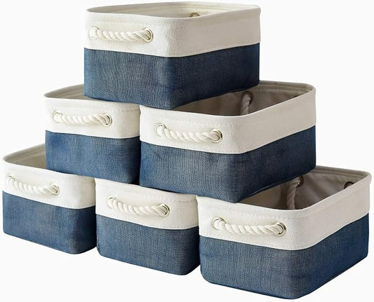 TheWarmHome Storage Basket for Organizing - Small 12x8x5.2 inch 6 Pack Collapsible Storage Bin for Shelves, Canves Storage Cubes for Organizer Cloth Box Gift Toys Closet (White & Jean Blue) by TheWarmHome